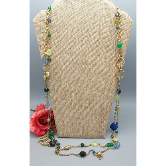 Lia Sophia Long Double Strand Beaded Necklace Brushed Gold Tone Green Blue 40" - Picture 2 of 11